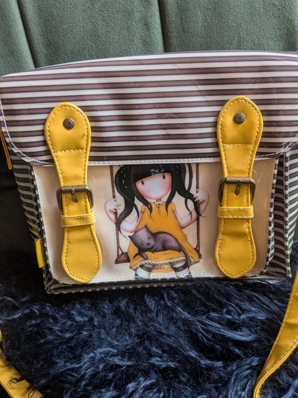 Santoro Gorjuss Ruby satchel bag features a striped design and yellow leatherett
